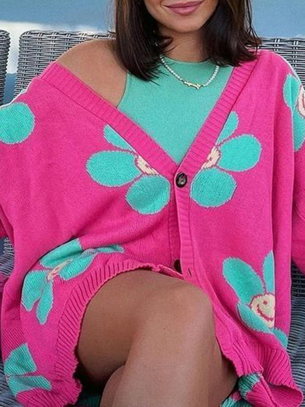 Love flower mid-length V-neck jacket loose casual knitted cardigan - Rose / FREESIZE
