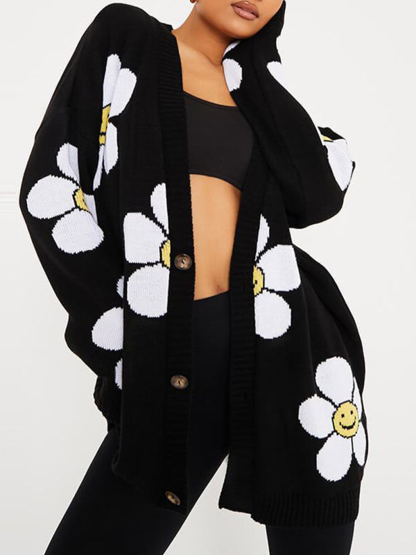 Love flower mid-length V-neck jacket loose casual knitted cardigan - Black / FREESIZE