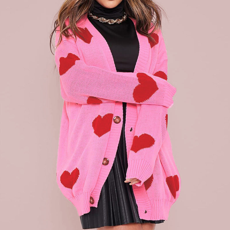 Love flower mid-length V-neck jacket loose casual knitted cardigan - Pink / FREESIZE