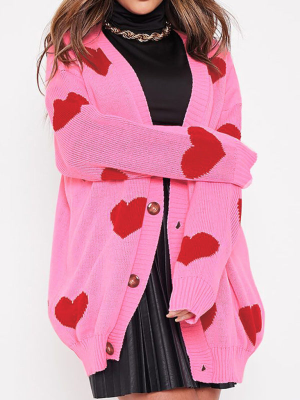 Love flower mid-length V-neck jacket loose casual knitted cardigan