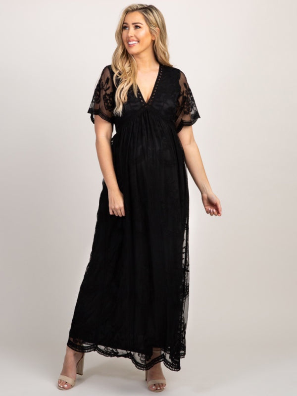 Maternity clothes-Woven short-sleeved V-neck lace long dress - Black / S