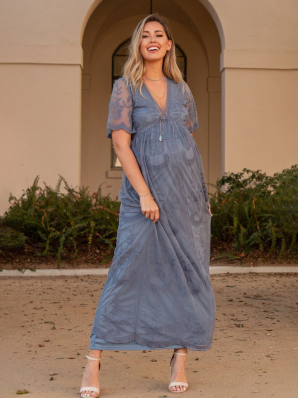 Maternity clothes-Woven short-sleeved V-neck lace long dress - Blue / S