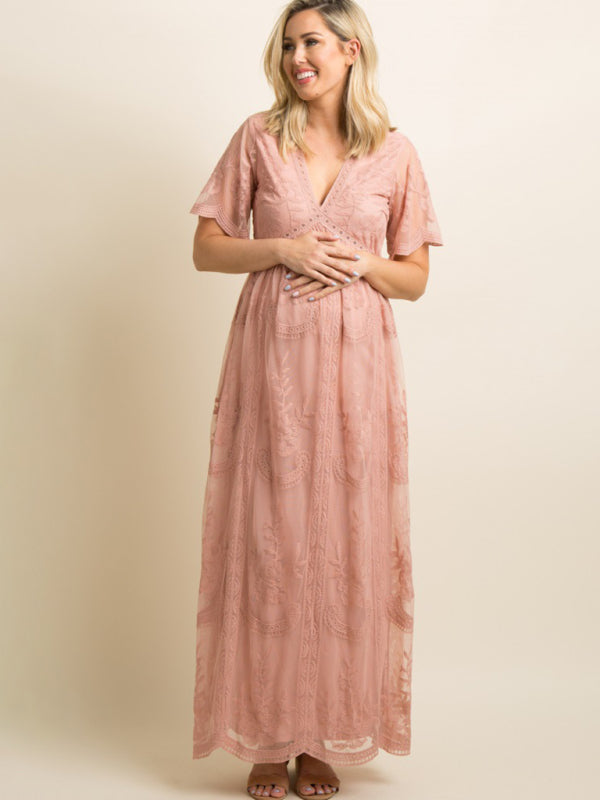 Maternity clothes-Woven short-sleeved V-neck lace long dress - Pink / S