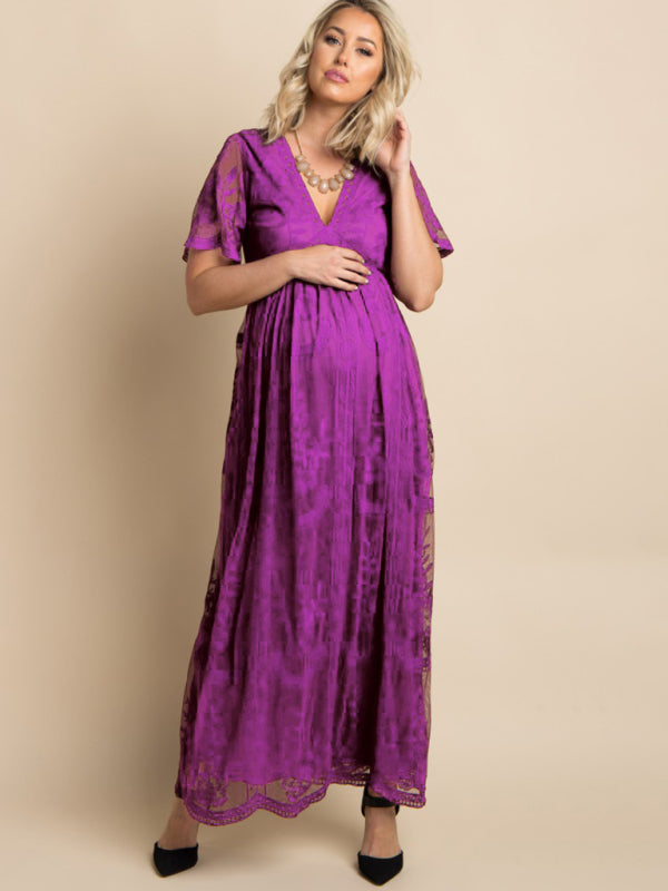 Maternity clothes-Woven short-sleeved V-neck lace long dress - Purple / S
