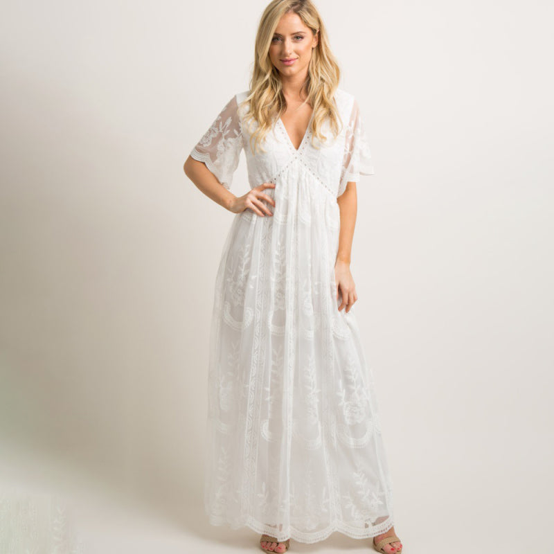 Maternity clothes-Woven short-sleeved V-neck lace long dress - White / S