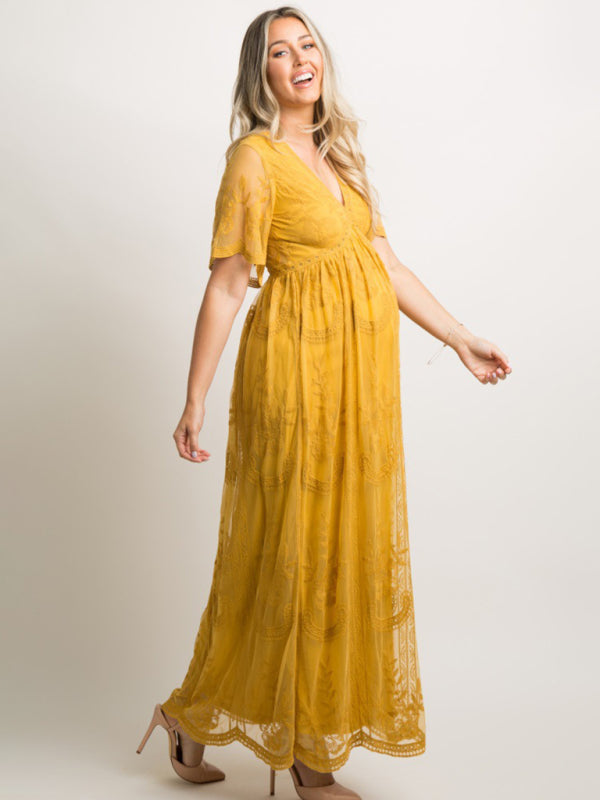 Maternity clothes-Woven short-sleeved V-neck lace long dress - Yellow / S