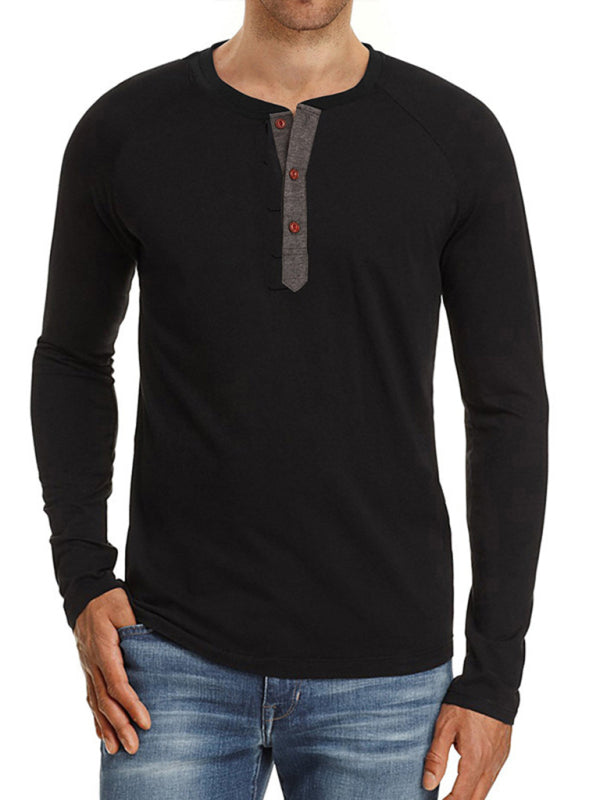 Men Casual Button Henley Long Sleeve - Black / S