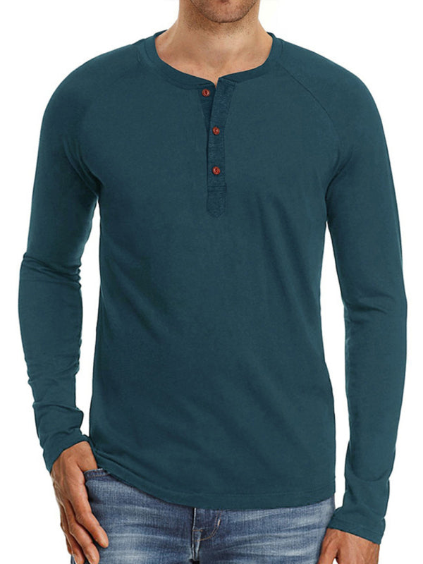 Men Casual Button Henley Long Sleeve - Blue / S