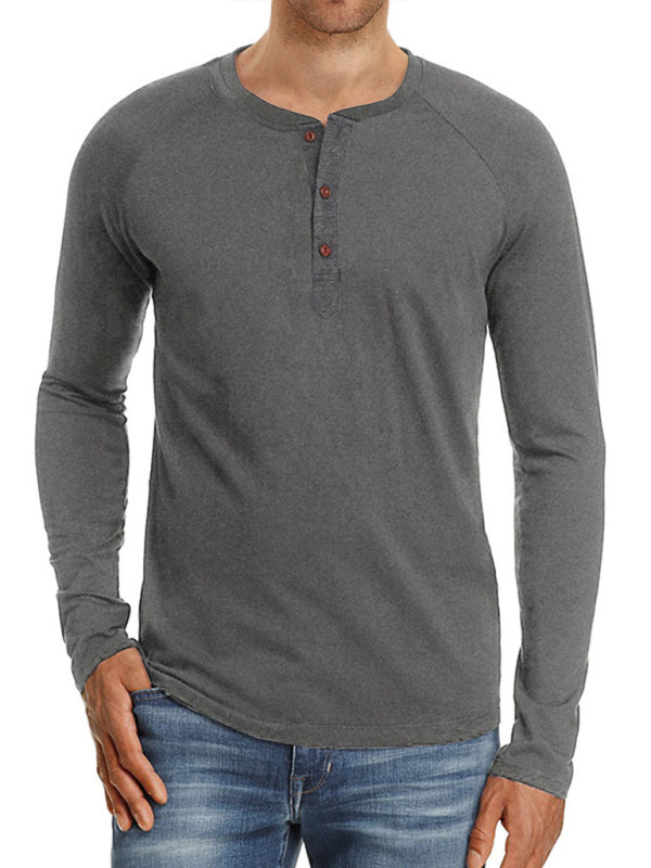 Men Casual Button Henley Long Sleeve - Charcoal grey / S