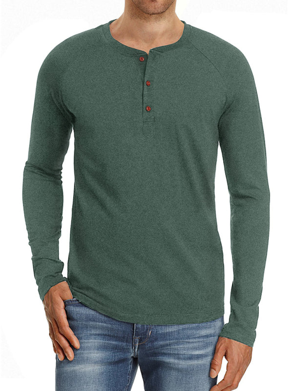 Men Casual Button Henley Long Sleeve - Green / S