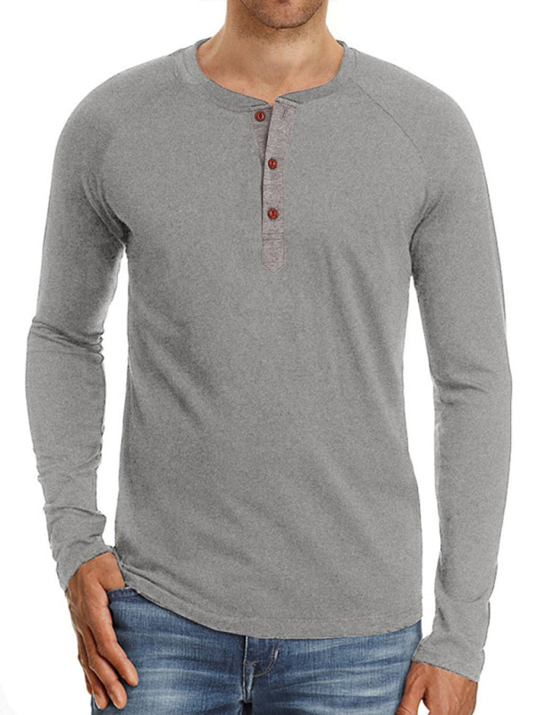 Men Casual Button Henley Long Sleeve - Misty grey / S
