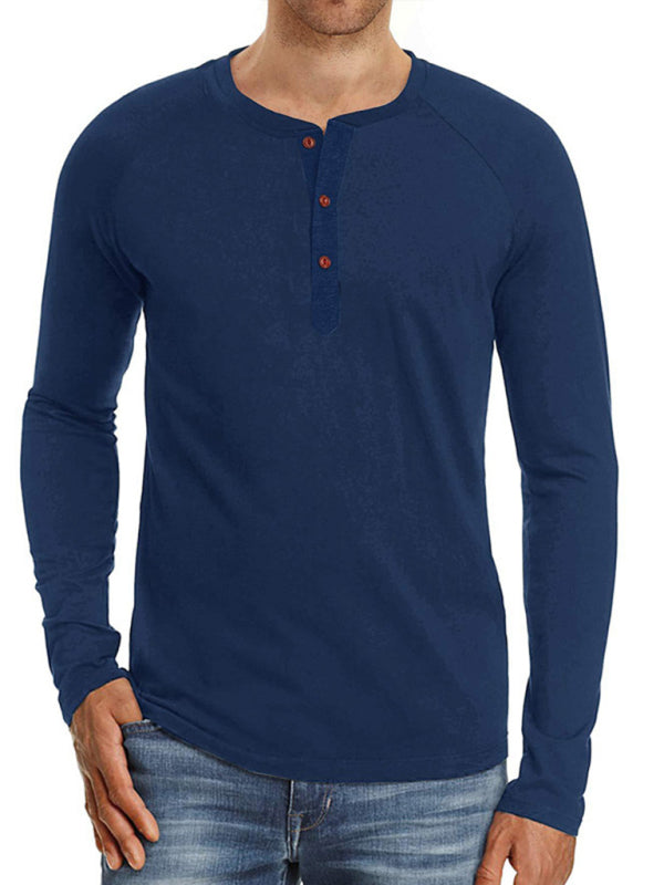 Men Casual Button Henley Long Sleeve - Purplish blue navy / S