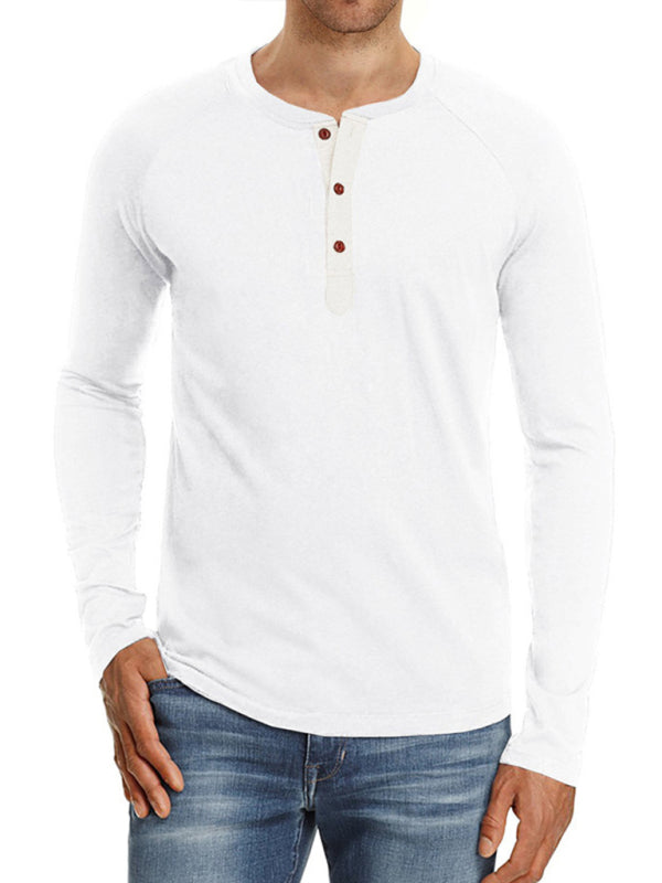 Men Casual Button Henley Long Sleeve - White / S