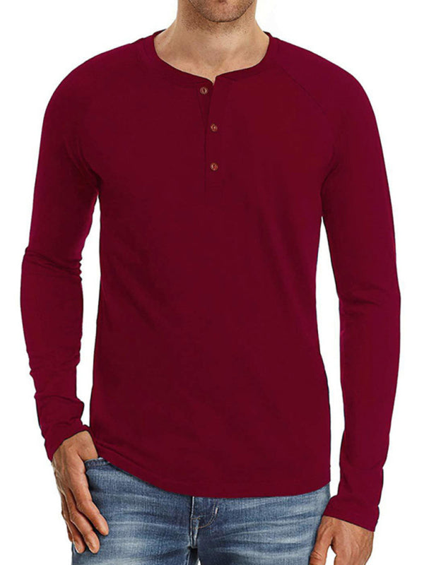 Men Casual Button Henley Long Sleeve - Wine Red / S
