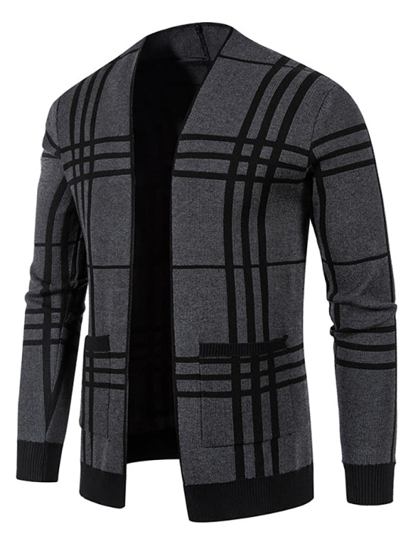 Men Casual Plaid Open Front Cardigan - Black / M