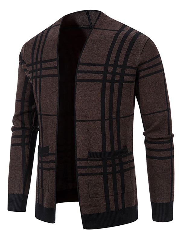 Men Casual Plaid Open Front Cardigan - Coffee / M