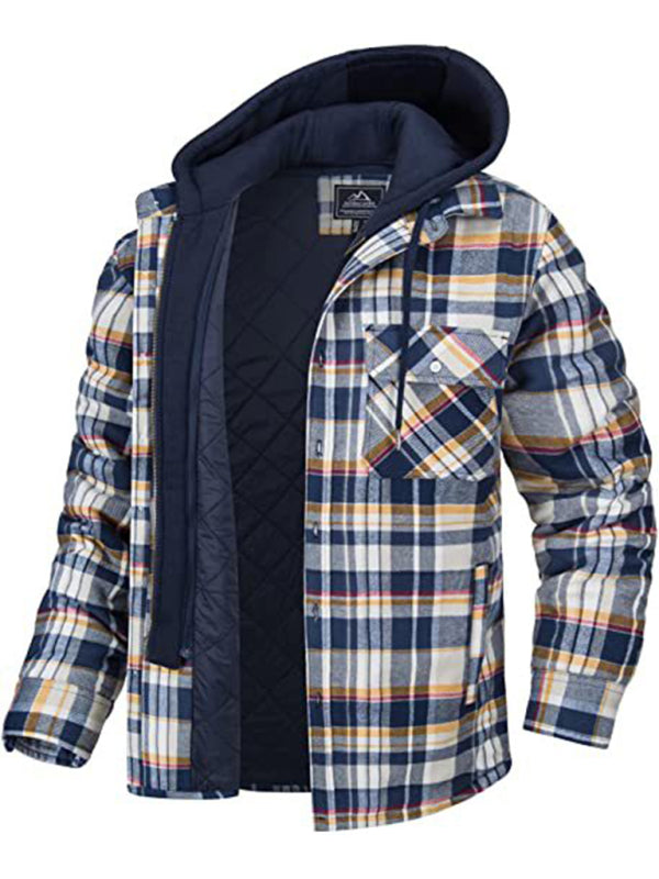Men casual Thickened Padded Plaid Long Sleeve Loose Hooded Jacket - Printing 3 / S