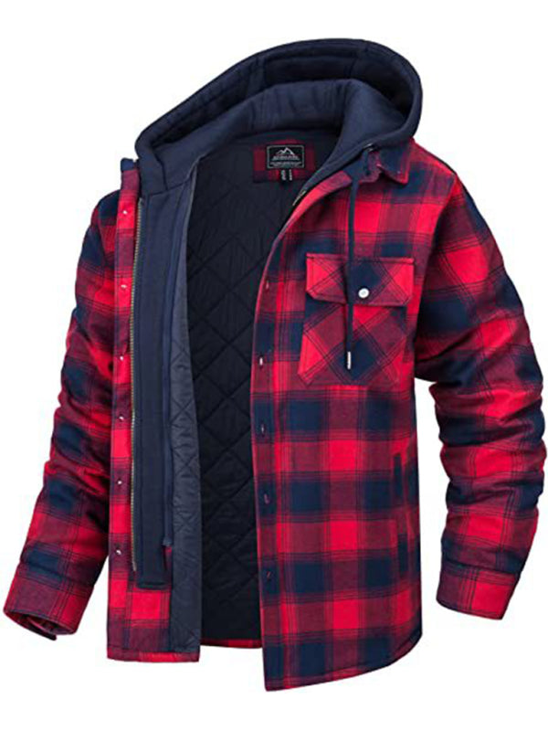 Men casual Thickened Padded Plaid Long Sleeve Loose Hooded Jacket - Printing 2 / S