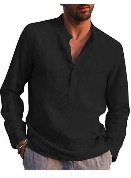 Men Four Seasons Leisure Long Sleeve Woven Flax Shirt - Black / S