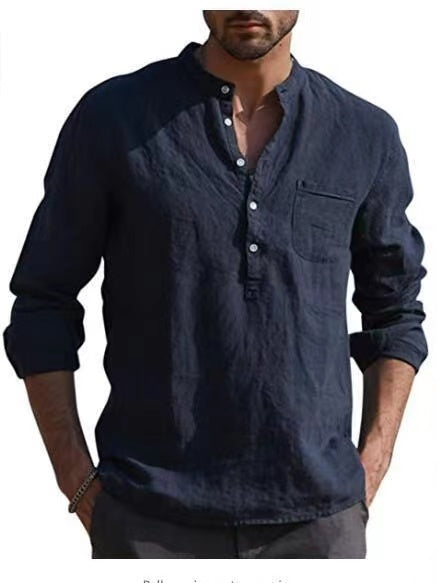 Men Four Seasons Leisure Long Sleeve Woven Flax Shirt - Champlain color / S