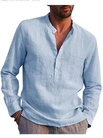 Men Four Seasons Leisure Long Sleeve Woven Flax Shirt - Clear blue / S