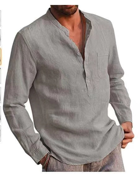 Men Four Seasons Leisure Long Sleeve Woven Flax Shirt - Grey / S