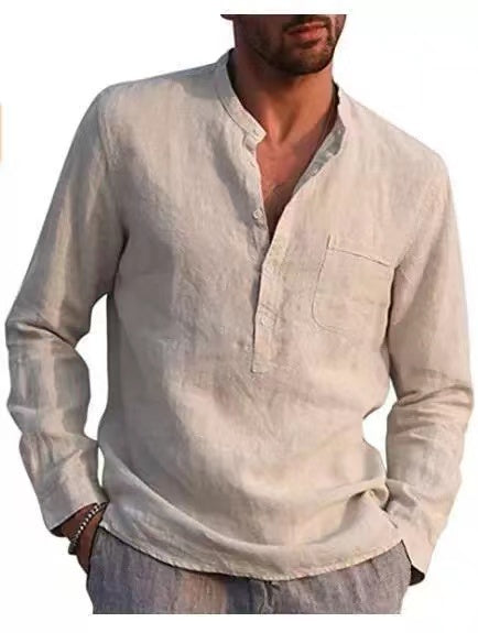 Men Four Seasons Leisure Long Sleeve Woven Flax Shirt - Khaki / S