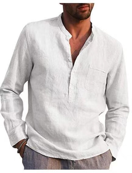 Men Four Seasons Leisure Long Sleeve Woven Flax Shirt - Raw white off white / S