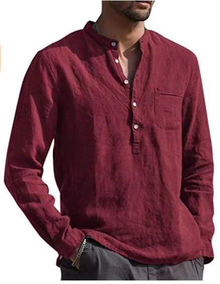 Men Four Seasons Leisure Long Sleeve Woven Flax Shirt - Wine Red / S
