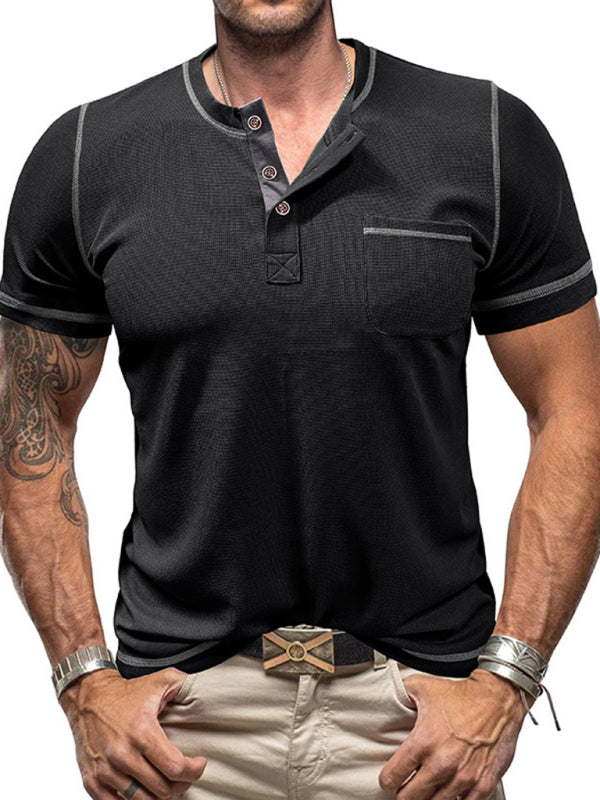 Men’s American Vintage Henley Collar Short Sleeve T-Shirt - Royal blue / S