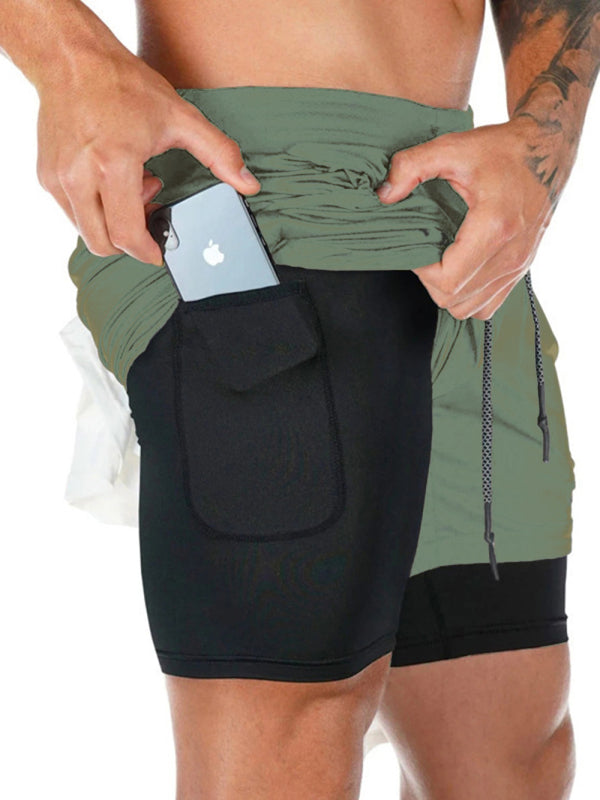 Men’s athleisure fake two-piece shorts - Olive green / M