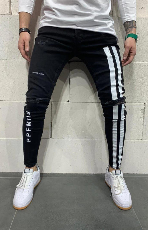 Men’s Athletic Striped Elastic Fit Jeans - Black / S