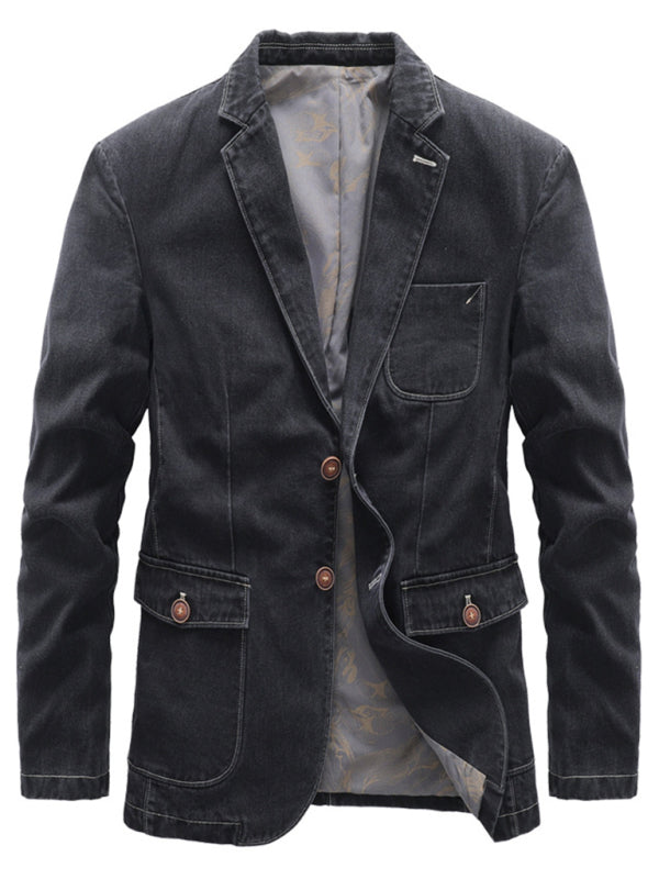 Men’s Autumn-Winter Lapel Collar Knit Denim Jacket with Long Sleeves - Black / S
