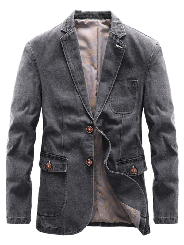 Men’s Autumn-Winter Lapel Collar Knit Denim Jacket with Long Sleeves - Grey / S