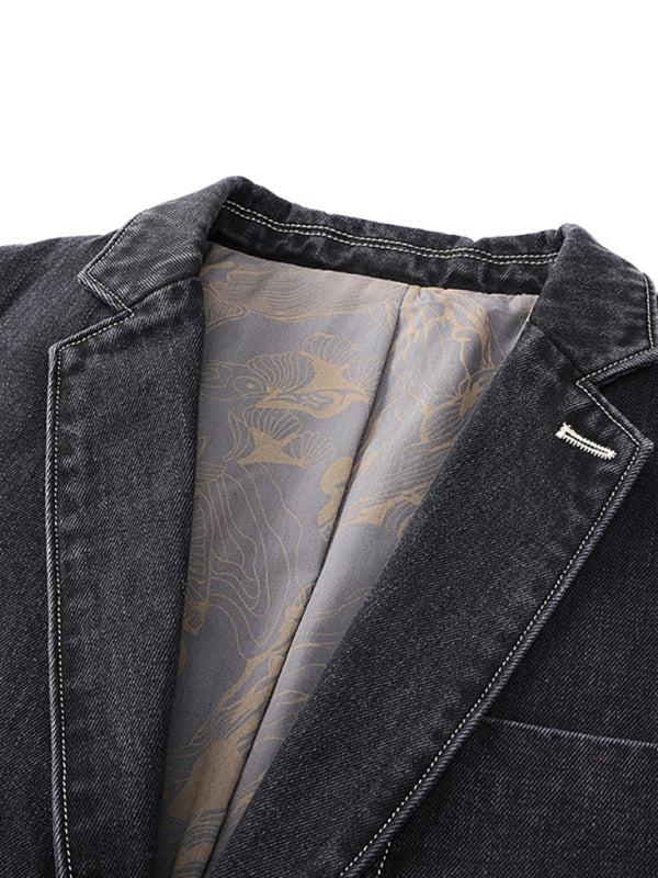 Men’s Autumn-Winter Lapel Collar Knit Denim Jacket with Long Sleeves