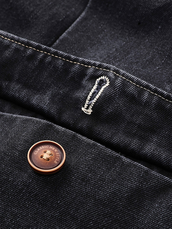 Men’s Autumn-Winter Lapel Collar Knit Denim Jacket with Long Sleeves