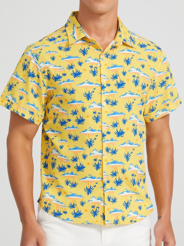 Men’s Beach Shirt Hawaiian Vacation Print Short Sleeve Shirt - Yellow / S