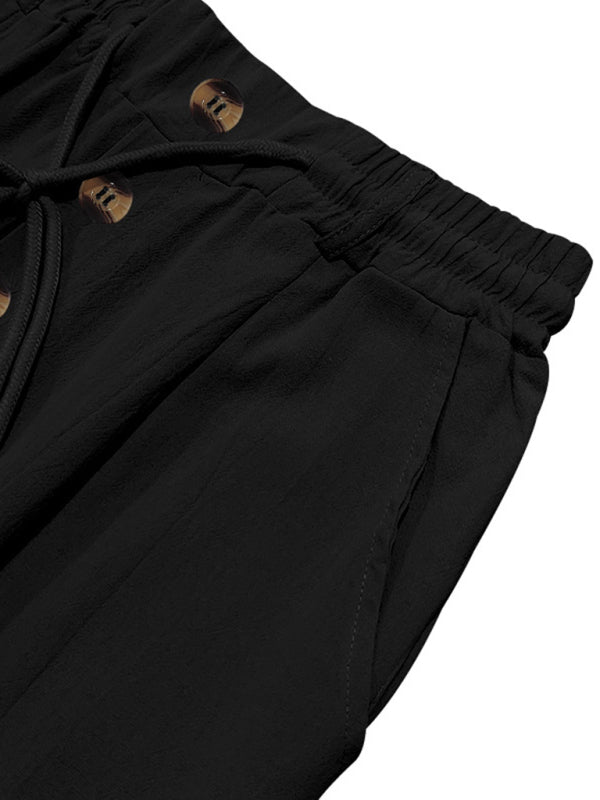 Men’s black breathable linen loose casual trousers with drawstring and button details