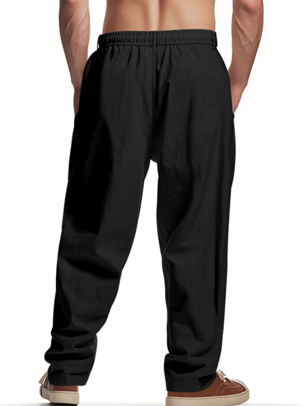 Black breathable linen men’s casual loose drawstring trousers for comfort and style