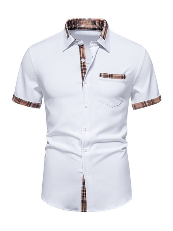 Men’s Casual Collar Buttoned Plaid Color Block Short Sleeve Shirt - White / S