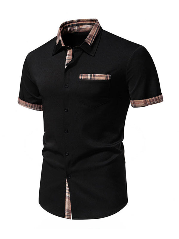 Men’s Casual Collar Buttoned Plaid Color Block Short Sleeve Shirt