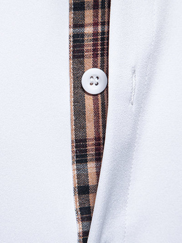 Men’s Casual Collar Buttoned Plaid Color Block Short Sleeve Shirt