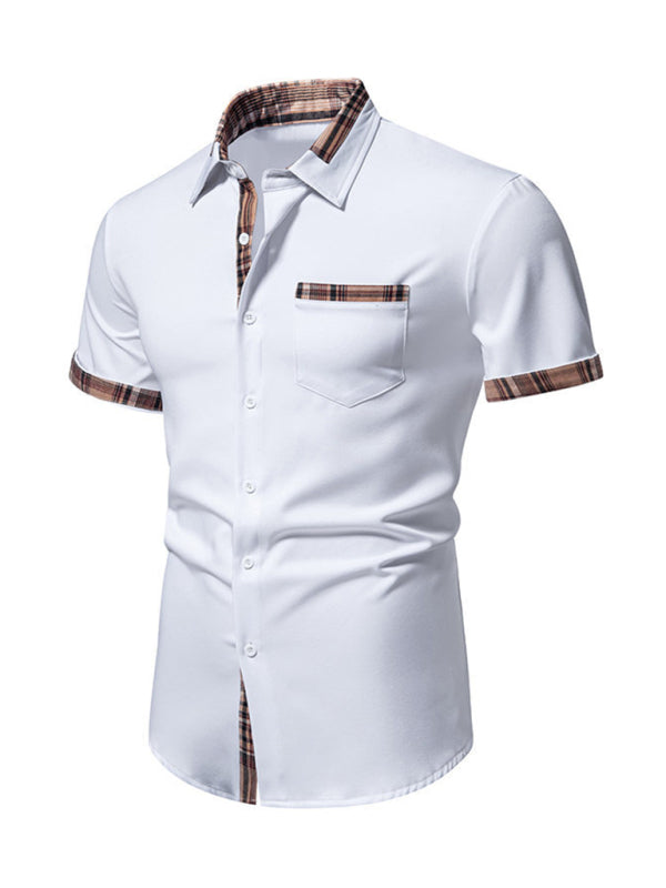 Men’s Casual Collar Buttoned Plaid Color Block Short Sleeve Shirt
