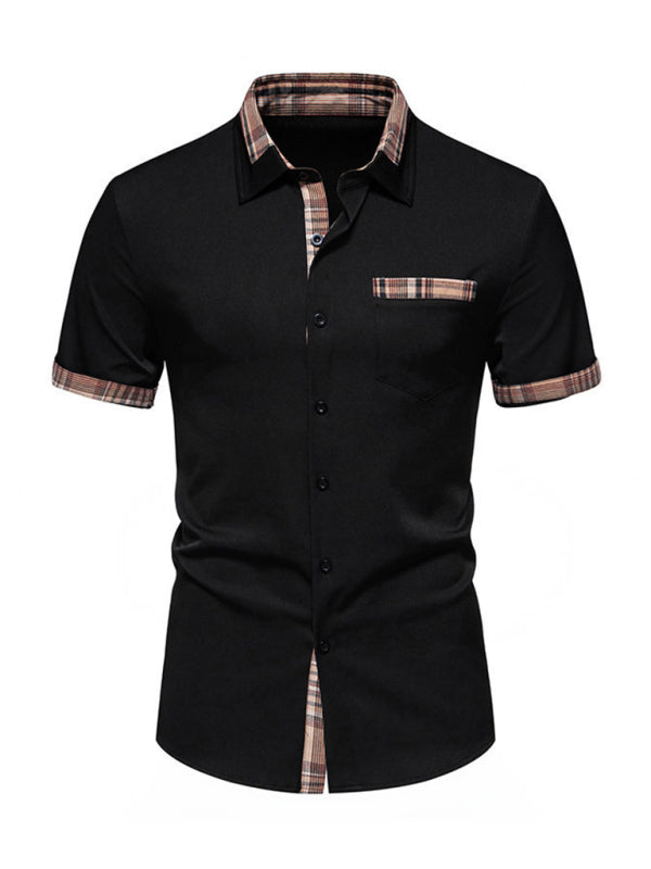 Men’s Casual Collar Buttoned Plaid Color Block Short Sleeve Shirt - Black / S