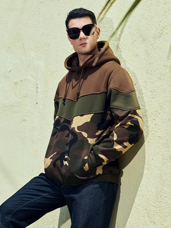 Men’s casual color block and contrast fashion hooded sweatshirt - Coffee / S