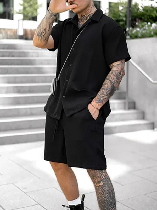 Men’s Casual Comfortable Button Lapel Short Sleeve Shorts Set - Black / S