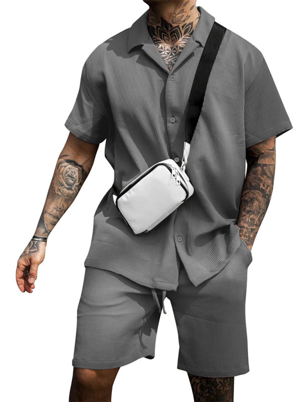 Men’s Casual Comfortable Button Lapel Short Sleeve Shorts Set - Grey / S
