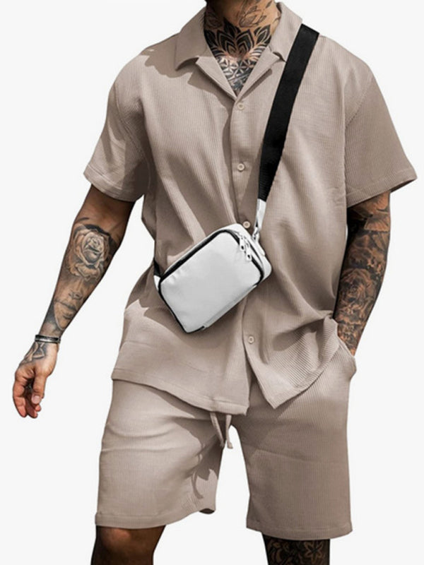 Men’s Casual Comfortable Button Lapel Short Sleeve Shorts Set - Khaki / S
