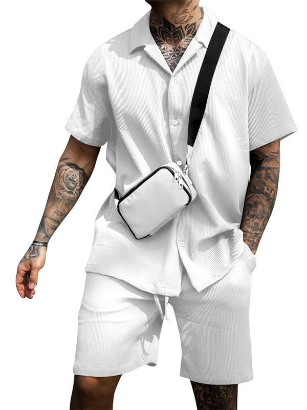 Men’s Casual Comfortable Button Lapel Short Sleeve Shorts Set - White / S