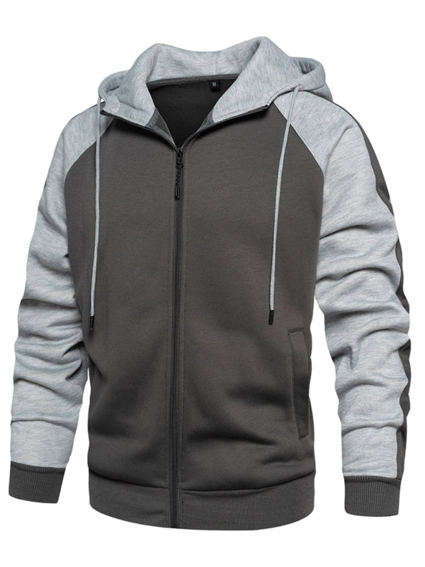 Men’s casual contrasting color zipper cardigan hooded sweatshirt